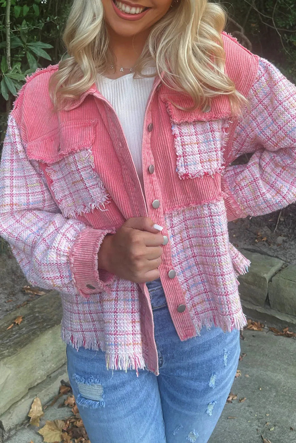 Rose Frayed Tweed Plaid Patchwork Buttoned Jacket - Chic Meadow Boutique 