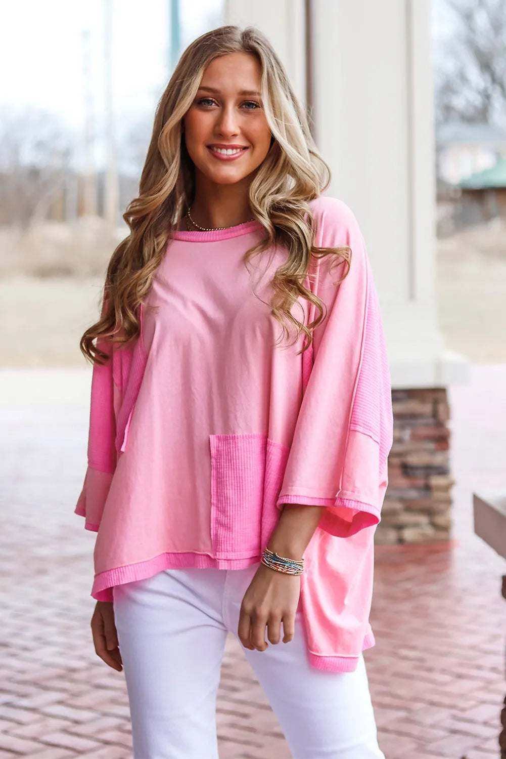 Pink Color Block Patchwork 3/4 Sleeve Loose Top - Chic Meadow Boutique 