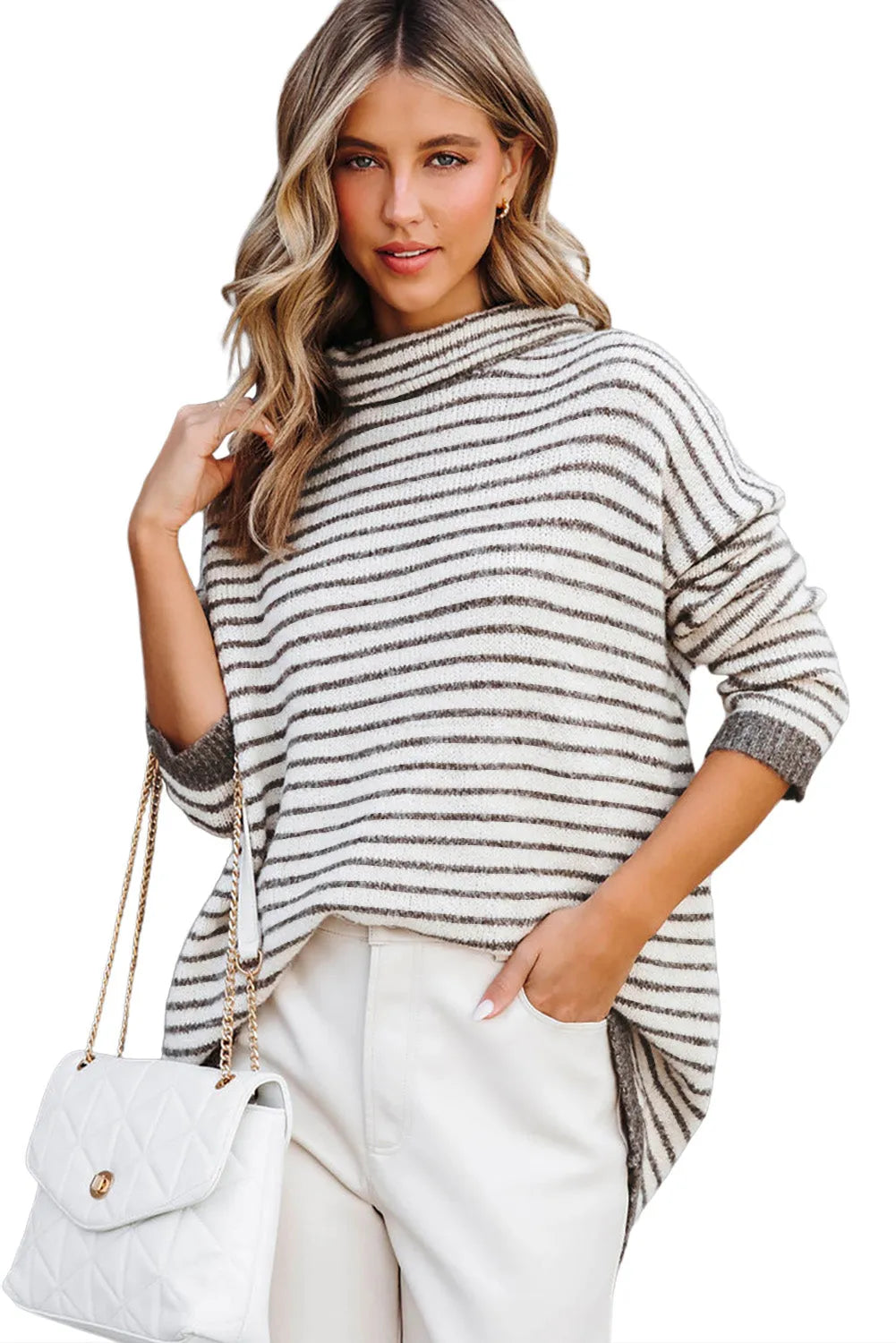 Khaki Striped Turtleneck Loose Sweater - Chic Meadow Boutique 