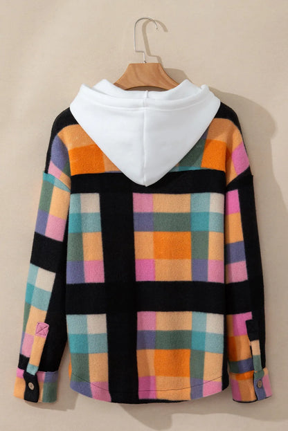 Multicolour Plaid Color Block Flap Pocket Buttoned Hoodie - Chic Meadow Boutique 