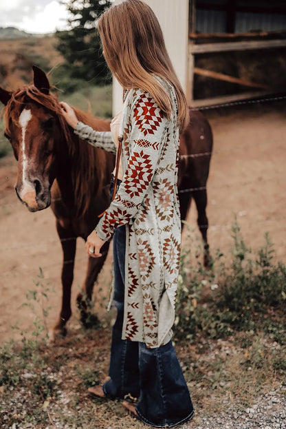 Brown Western Aztec Printed Open Front Long Cardigan - Chic Meadow Boutique 