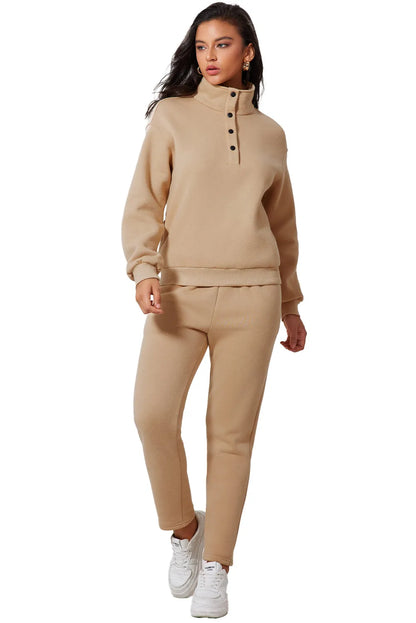 Parchment Solid Half Button Sweatshirt and High Waist Sweatpants Set - Chic Meadow Boutique 