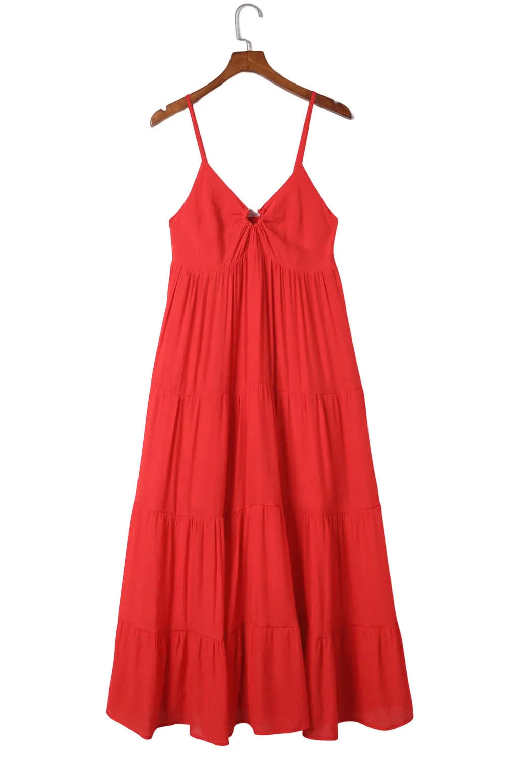 Red O-ring Smocked Back Spaghetti Straps Tiered Maxi Dress - Chic Meadow Boutique 