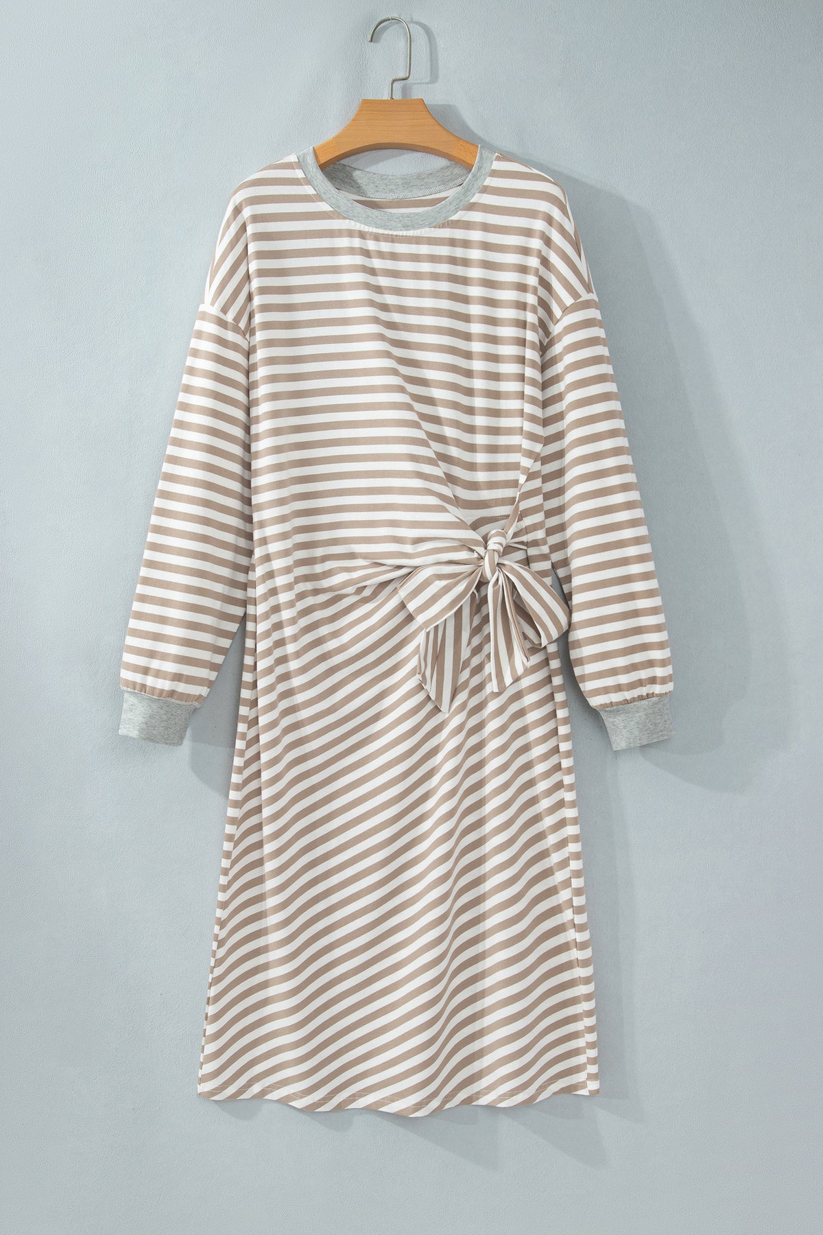 Khaki Stripe Striped Colorblock Cuffs Round Neck Long Sleeve Shift Dress