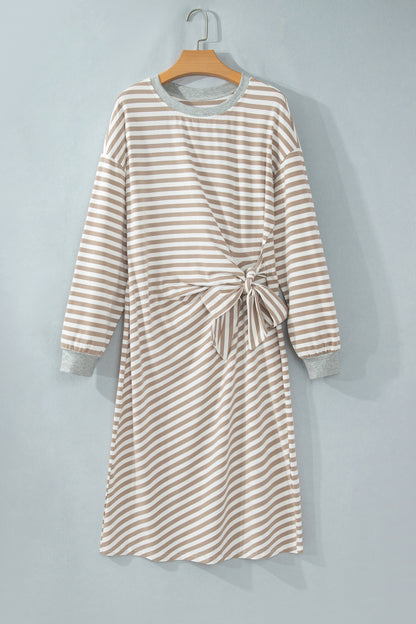 Khaki Stripe Striped Colorblock Cuffs Round Neck Long Sleeve Shift Dress