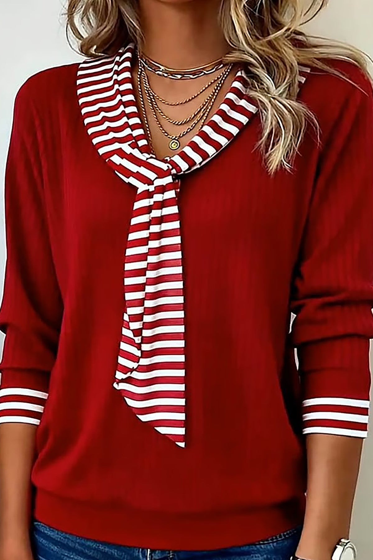 Red Dahlia Striped Contrast Tie Collar Cuffed Casual Long Sleeve Top