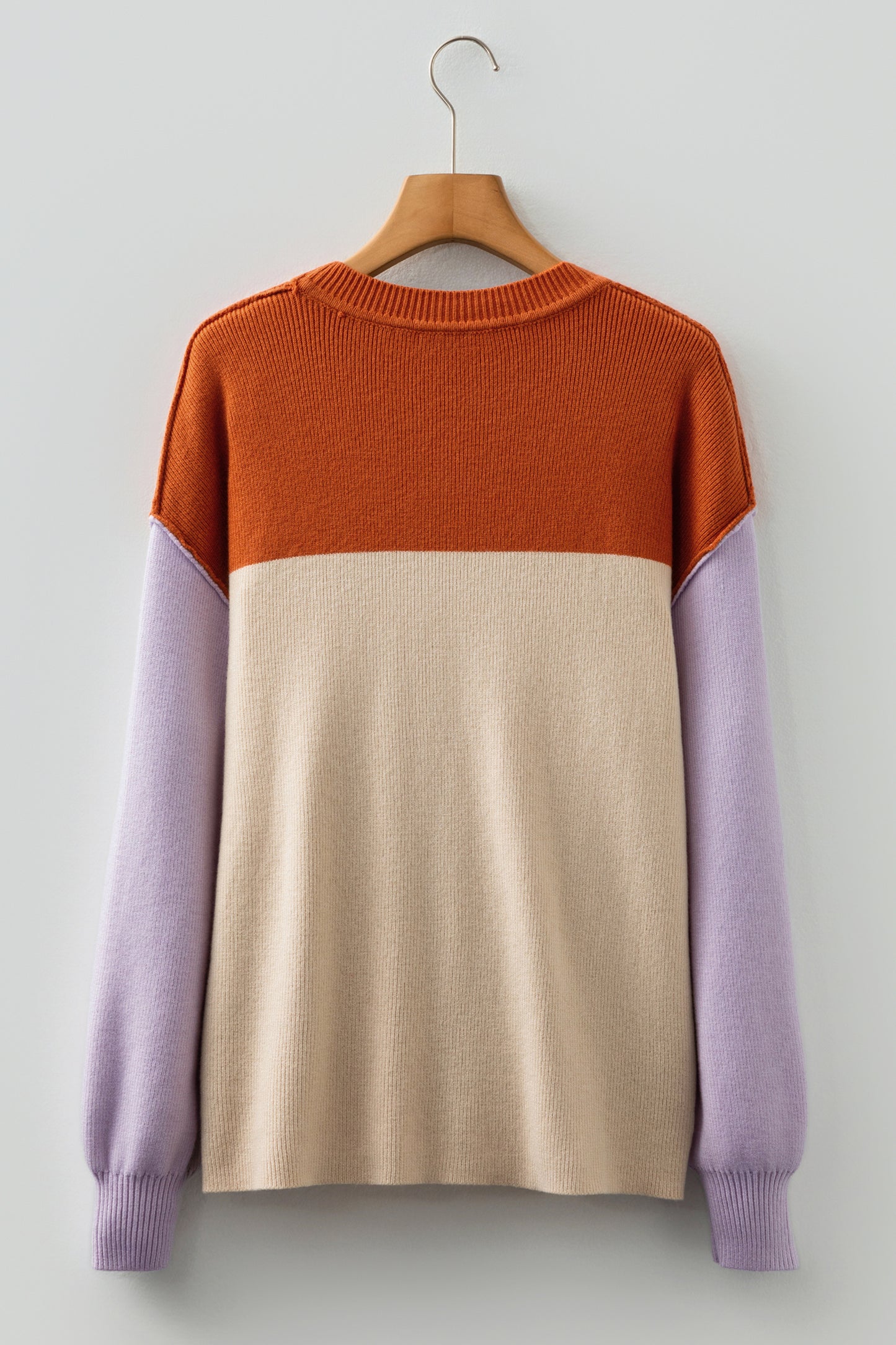 Khaki Color Block Plain Ribbed Knit Baggy Sweater