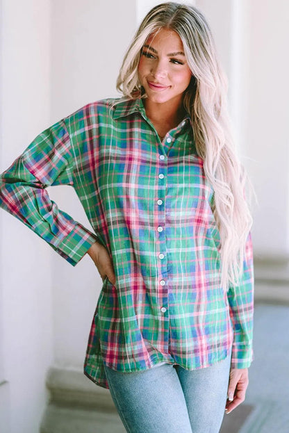 Tops/Blouses & Shirts Green Plaid Long Sleeve Button Down Split Shirt