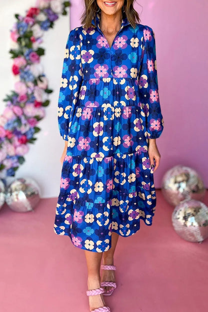 Blue Floral Peasant Sleeve Tiered Ruffle Midi Dress - Chic Meadow Boutique 