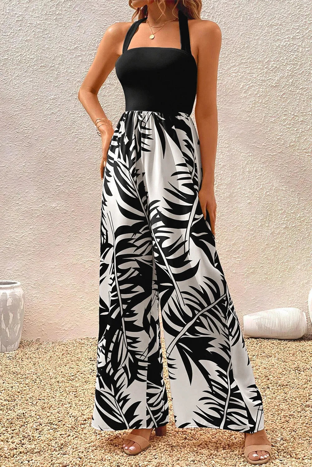 Black Halter Tropical Plant Print Wide Leg Jumpsuit - Chic Meadow Boutique 