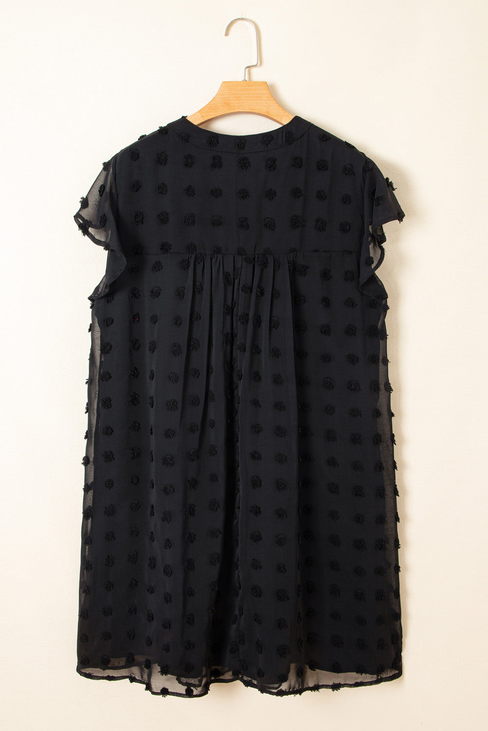 Black Dotty Textured Notched Neck Plus Ruffled Dress