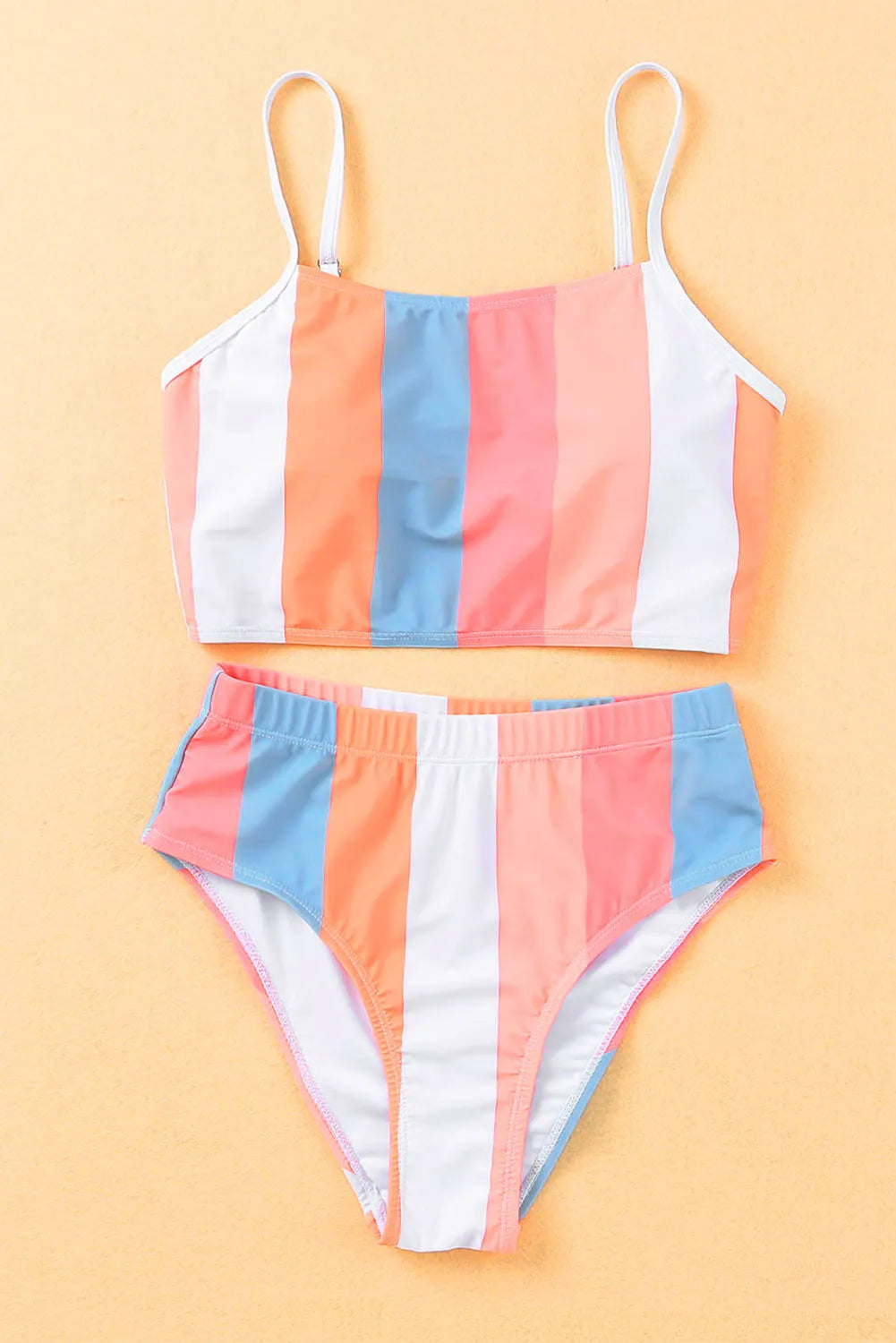 Orange Vertical Striped High Waist Bikini Swimsuit - Chic Meadow Boutique 