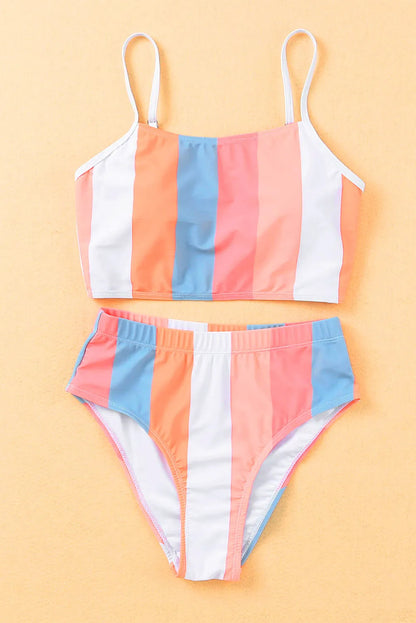 Orange Vertical Striped High Waist Bikini Swimsuit - Chic Meadow Boutique 