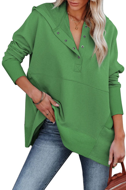 Green Batwing Sleeve Pocketed Henley Hoodie - Chic Meadow Boutique 