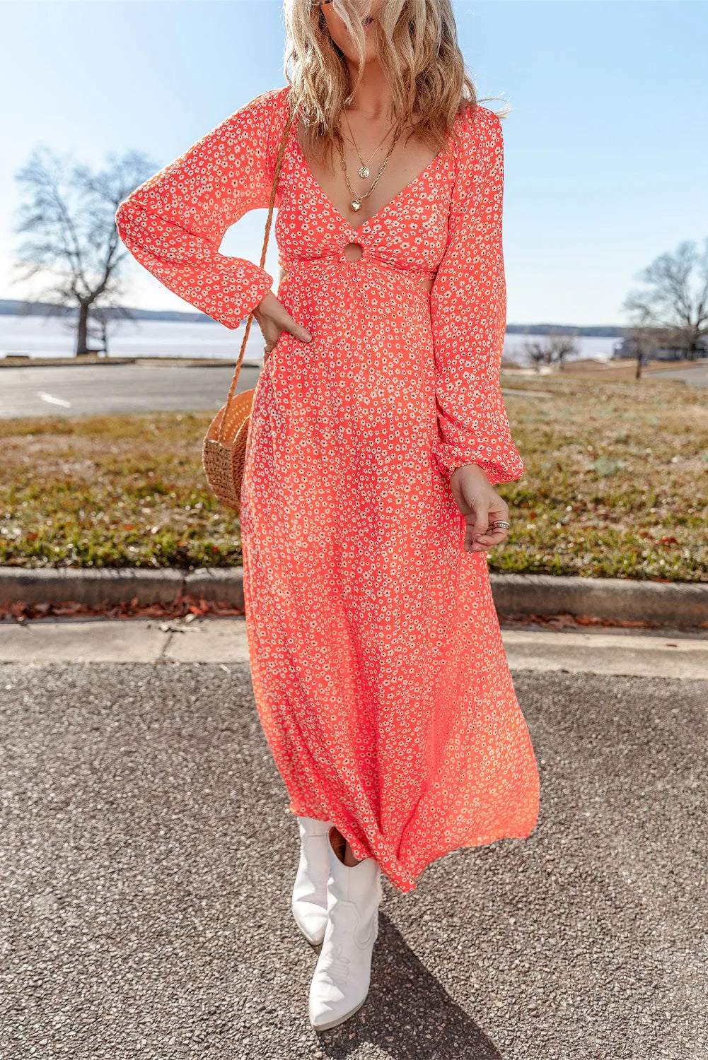 Red Floral Long Puff Sleeve V Neck Hollow Out Dress - Chic Meadow Boutique 