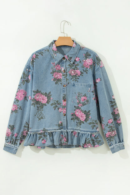 Sky Blue Floral Print Raw Seam Ruffle Hem Denim Jacket