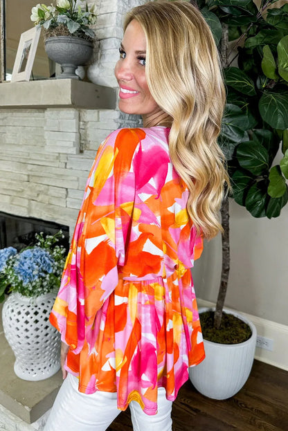 Orange Abstract Print 3/4 Sleeve V Neck Ruffled Babydoll Blouse - Chic Meadow Boutique 