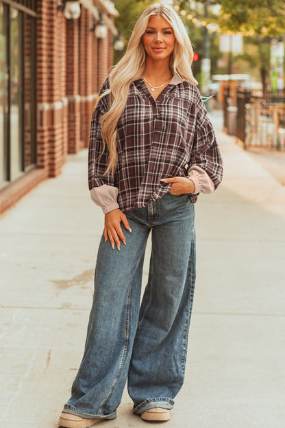 Brown Plaid Patchwork Long Sleeve Button Hooded Blouse