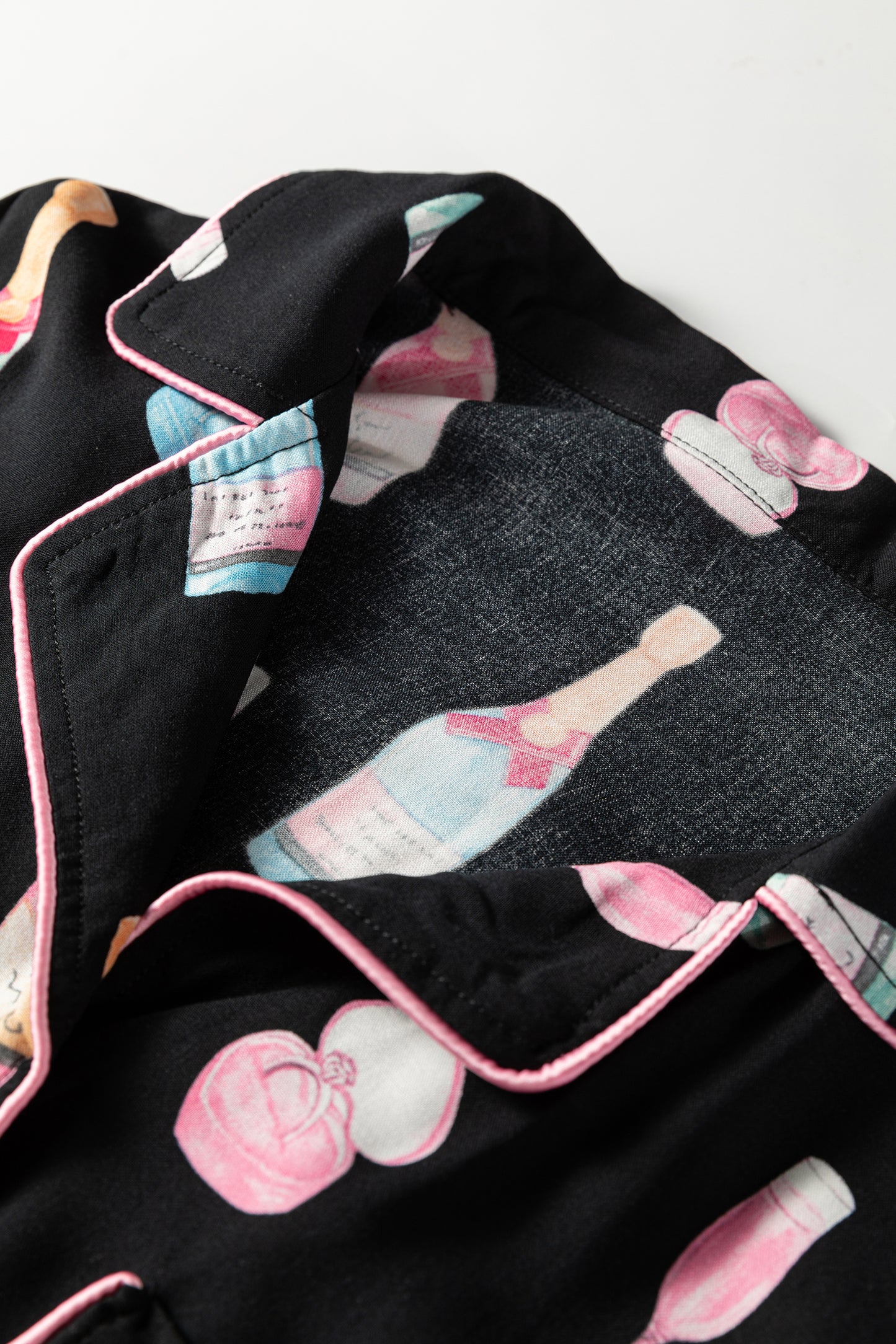 Color black Christmas Wine Glass Print Bow Knot Two Piece Pajama Set