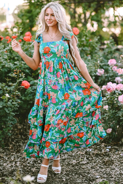 Green Floral Print Sleeveless Ruffle Tiered Maxi Dress - Chic Meadow Boutique 