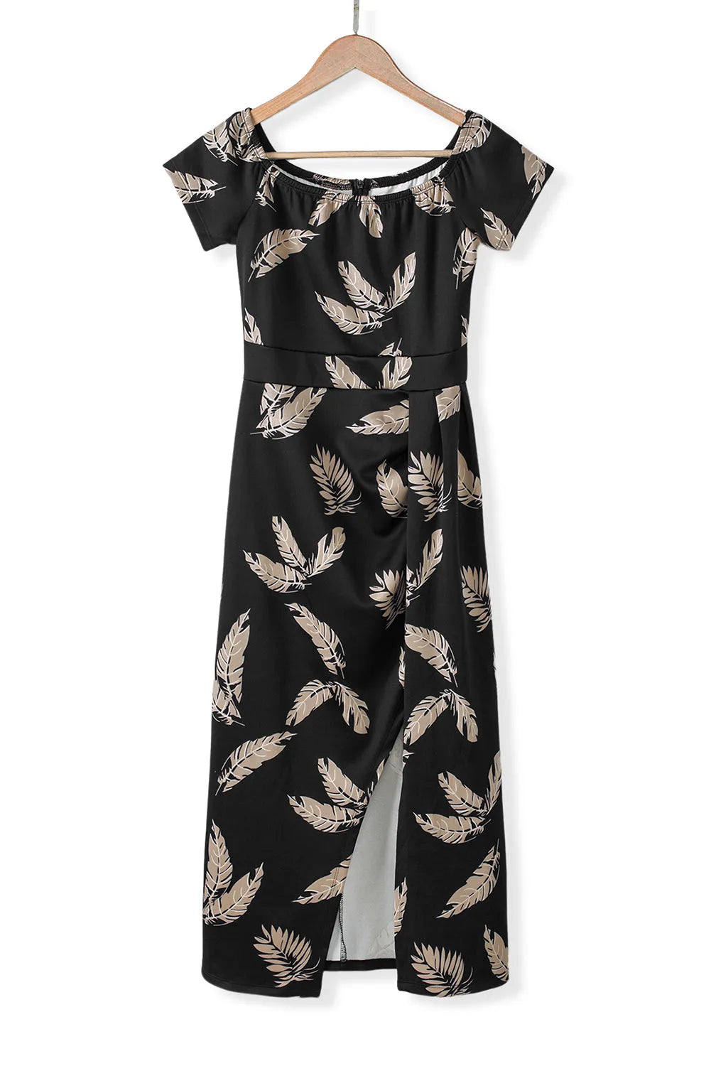 Black Pattern Print Off Shoulder Slit Bodycon Midi Dress - Chic Meadow Boutique 