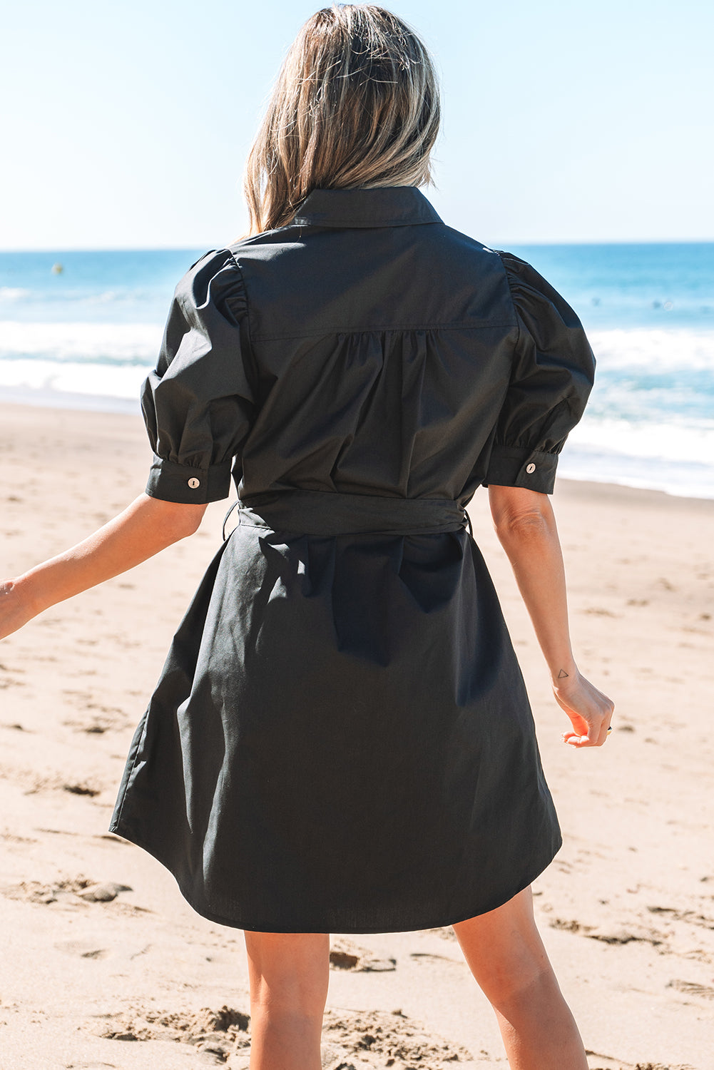 Black Button Up Tie Waist Puff Sleeve Mini Dress