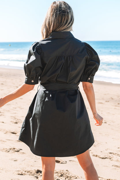 Black Button Up Tie Waist Puff Sleeve Mini Dress