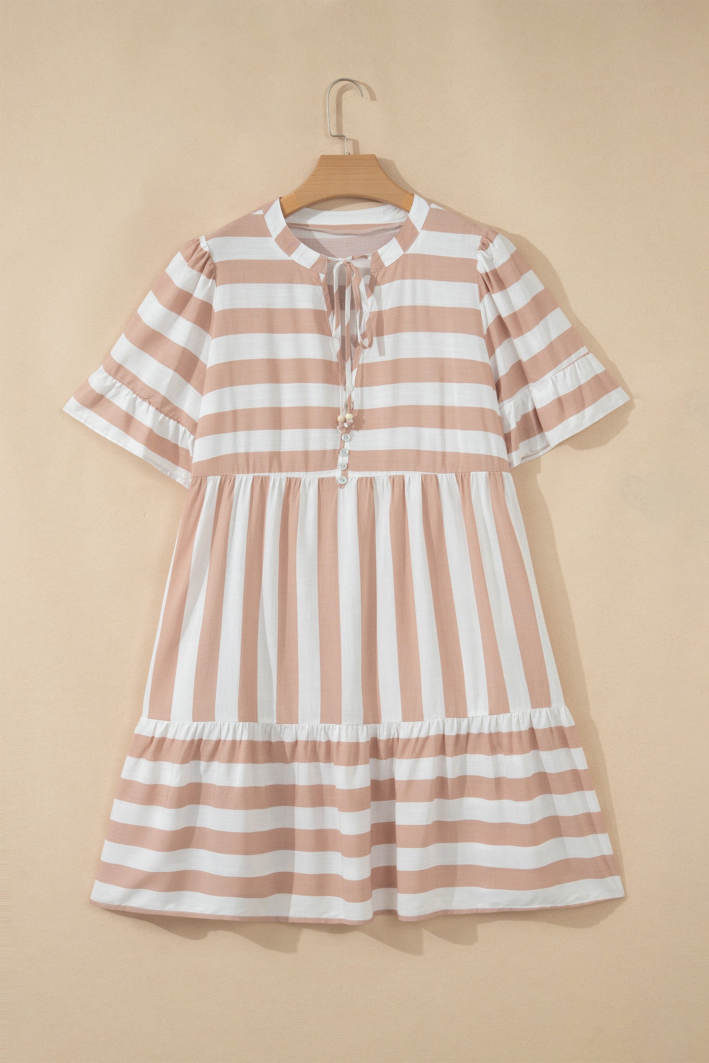 Khaki Stripe Tie V Neck Ruffle Trim Short Sleeve Flared Summer Dress
