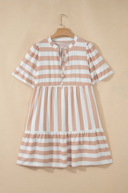 Khaki Stripe Tie V Neck Ruffle Trim Short Sleeve Flared Summer Dress