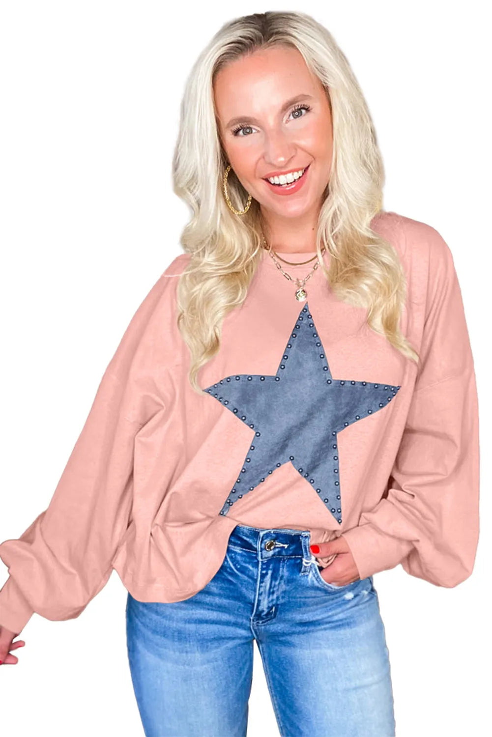 Gossamer Pink Studded Star Graphic Oversized Long Sleeve Top - Chic Meadow Boutique 