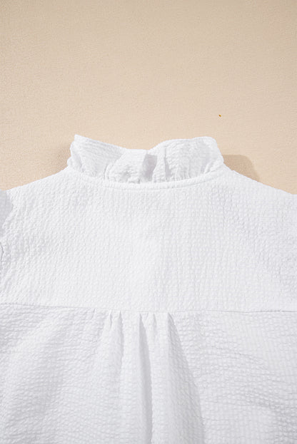 White Striped Ruffle Short Bubble Sleeve Shirt