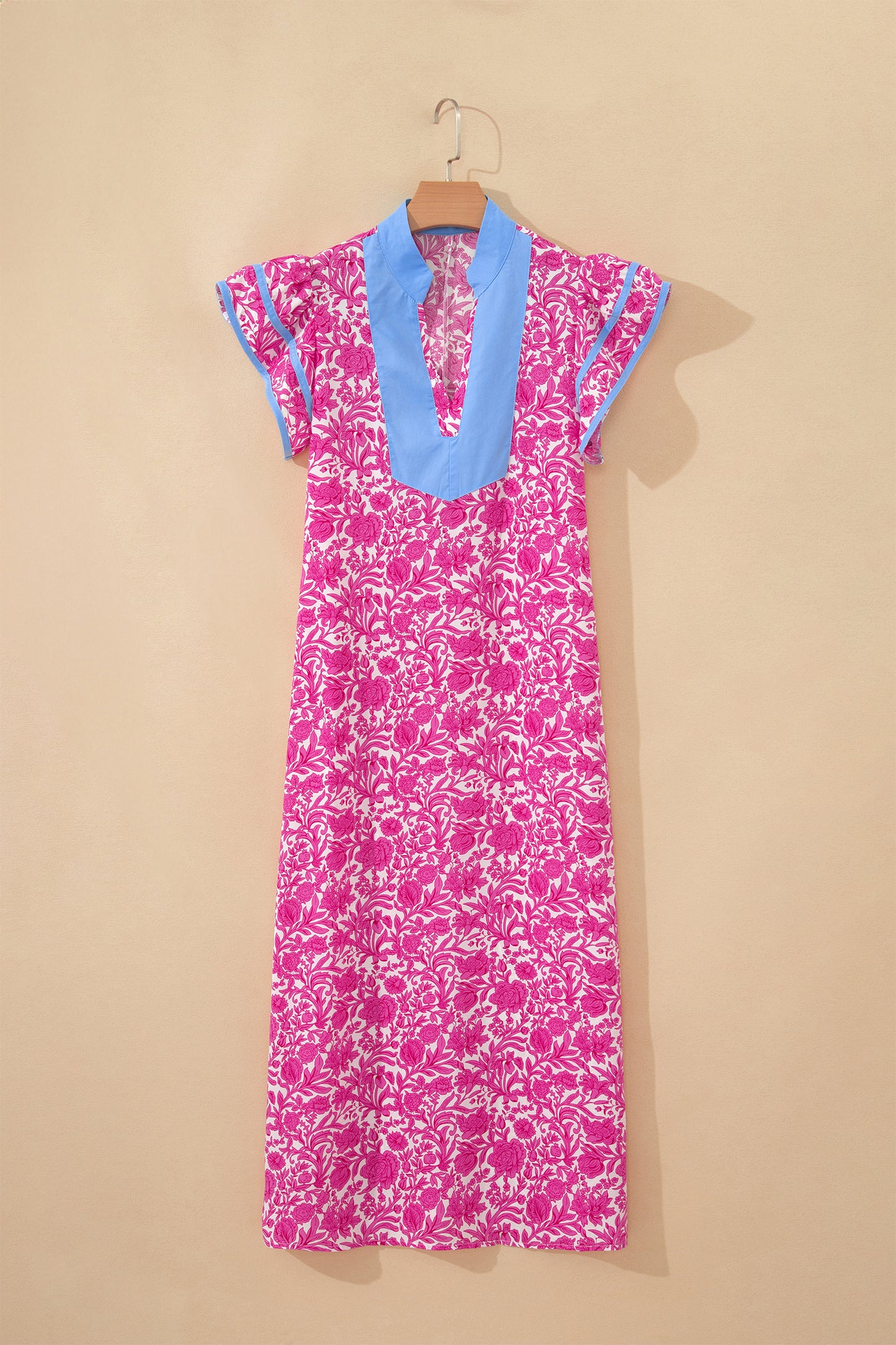 Pink Floral Print Color Block Patchwork V Neck Short Sleeve Midi Dress