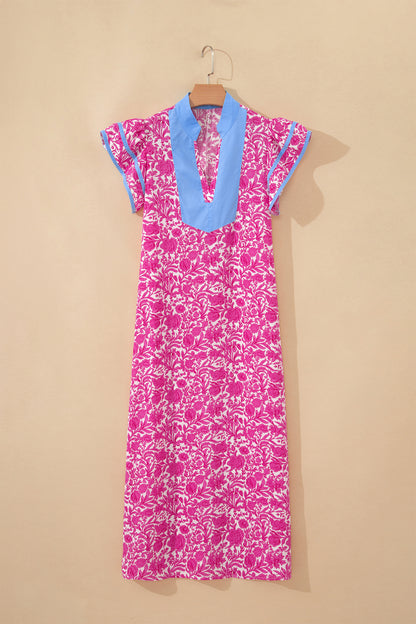 Pink Floral Print Color Block Patchwork V Neck Short Sleeve Midi Dress