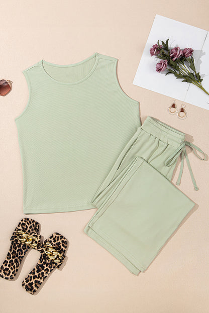 Smoke Green Textured Tank Top and Drawstring High Waist Pants Set