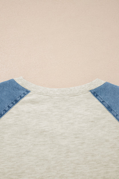 Beige Denim Color Block Patchwork Round Neck Tee