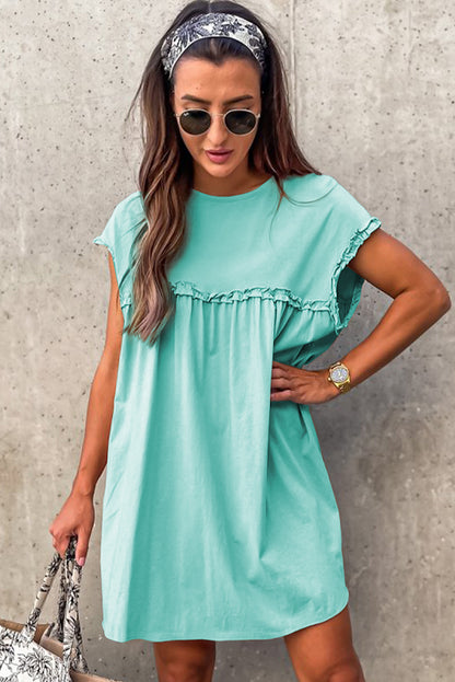 Mint Green Frilled Trim Crew Neck Loose Fit Mini Dress