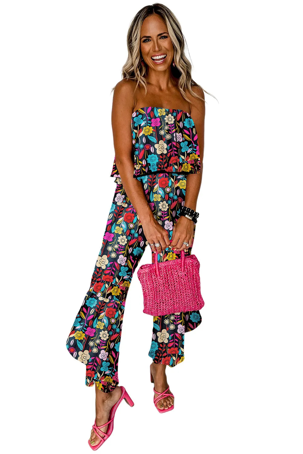 Red Mix Tropical Print Strapless Ruffled Jumpsuit - Chic Meadow Boutique 