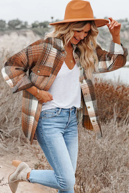 Brown Plaid Flap Pockets Shacket - Chic Meadow Boutique 