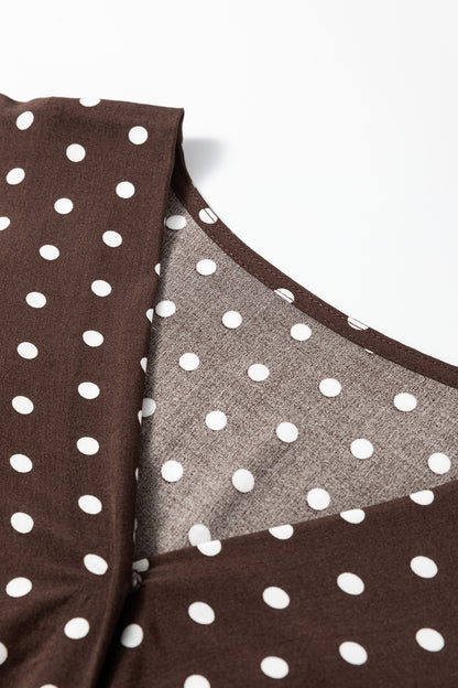 Chicory Coffee Polka Dot Long Sleeve Wrap V Neck Ruffle Hem Mini Dress