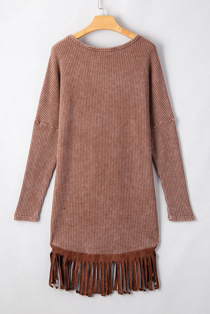 Coffee Waffle Knit Fringed High Low Loose Top - Chic Meadow Boutique 