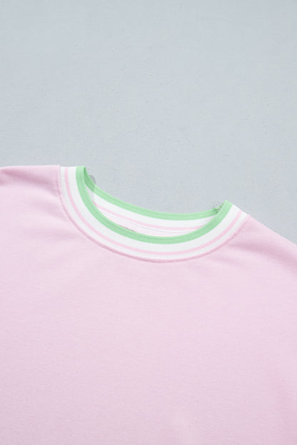 Light Pink Contrast Striped Trim Baggy Pullover Sweatshirt