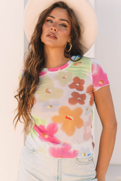 Multicolour Floral Mesh Lettuce Trim Cropped T Shirt