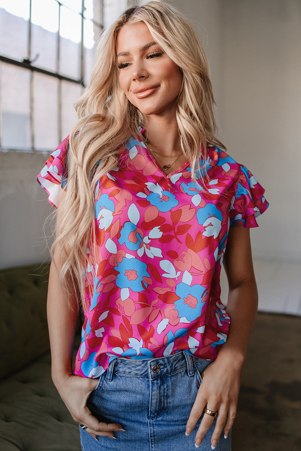 Rose Red Ruffled Sleeve Floral Blouse