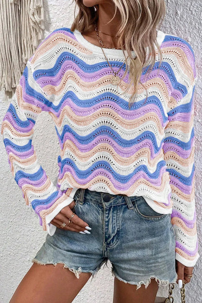 Purple Stripe Wavy Pointelle Knit Drop Shoulder Sweater - Chic Meadow Boutique 