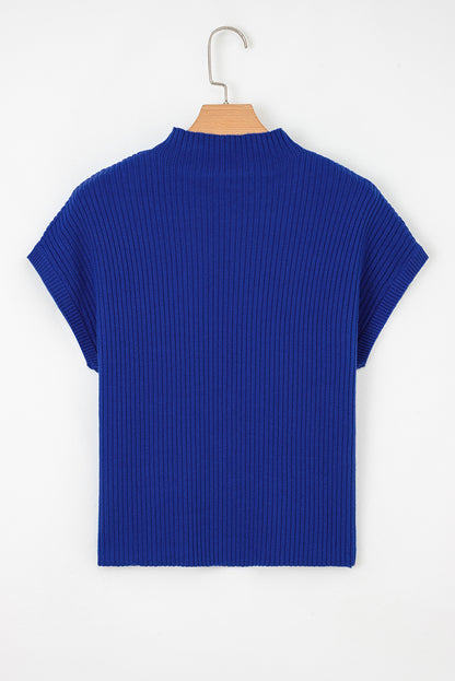 Dark Blue Patch Pocket Ribbed Knit Short Sleeve Sweater