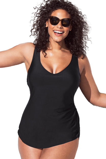 Black Solid Color U Neck Padded Plus Size One Piece Swimsuit