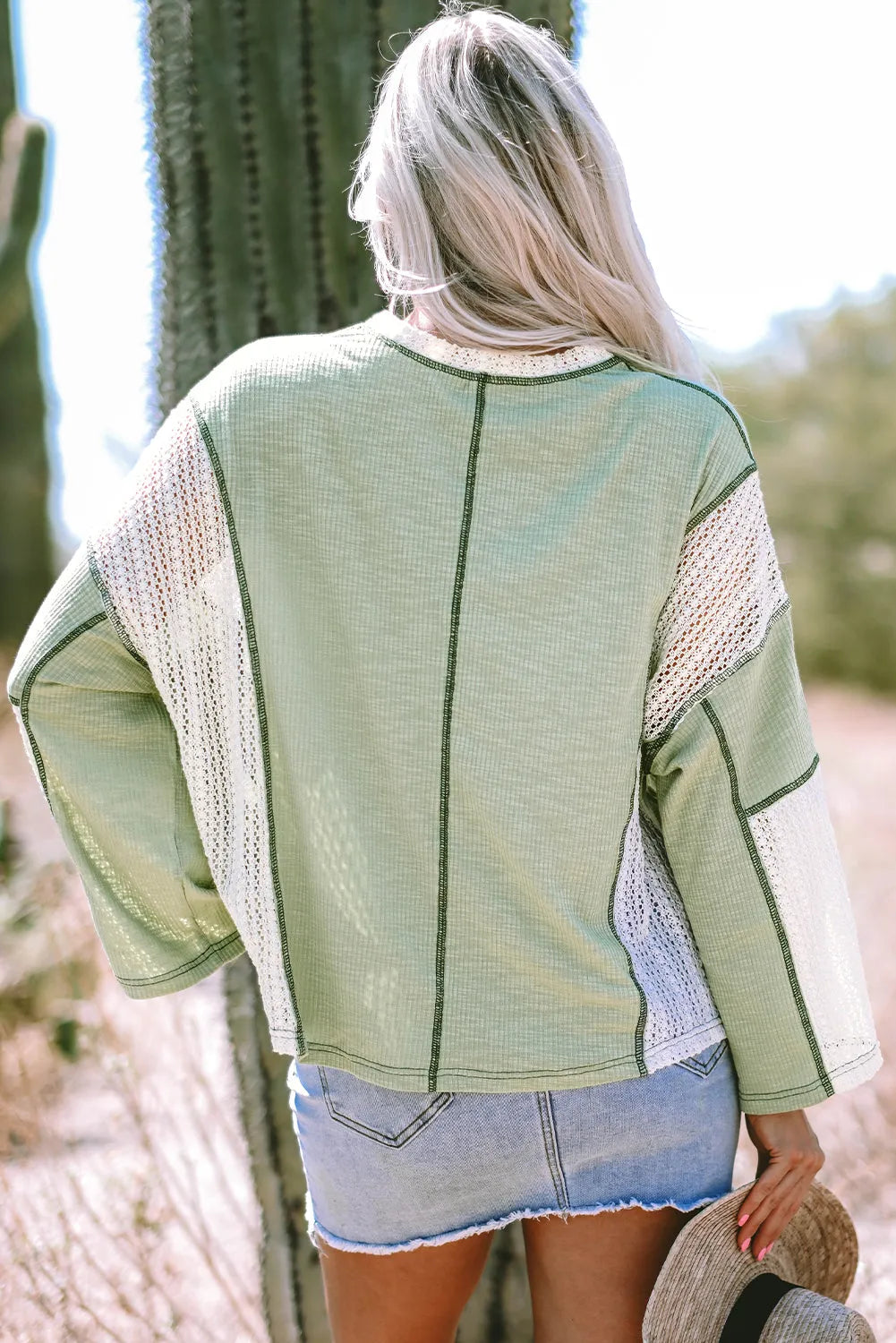 Grass Green Crochet Detail Exposed Seam High Low Loose Top - Chic Meadow Boutique 