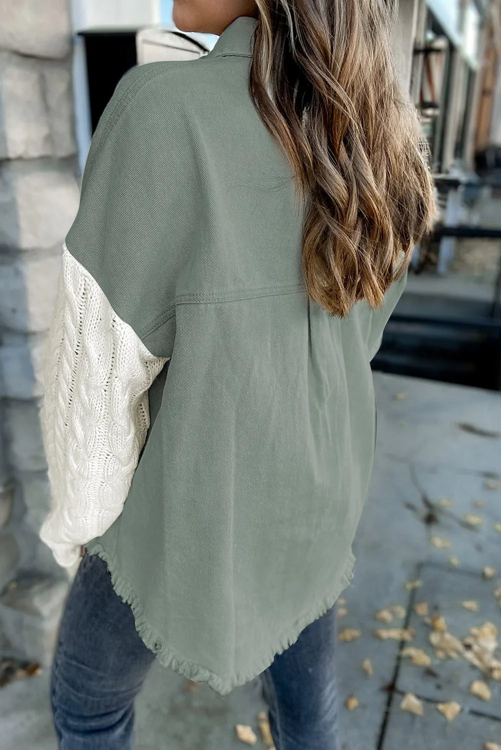 Green Cable Knit Sleeve Raw Hem Shacket - Chic Meadow Boutique 