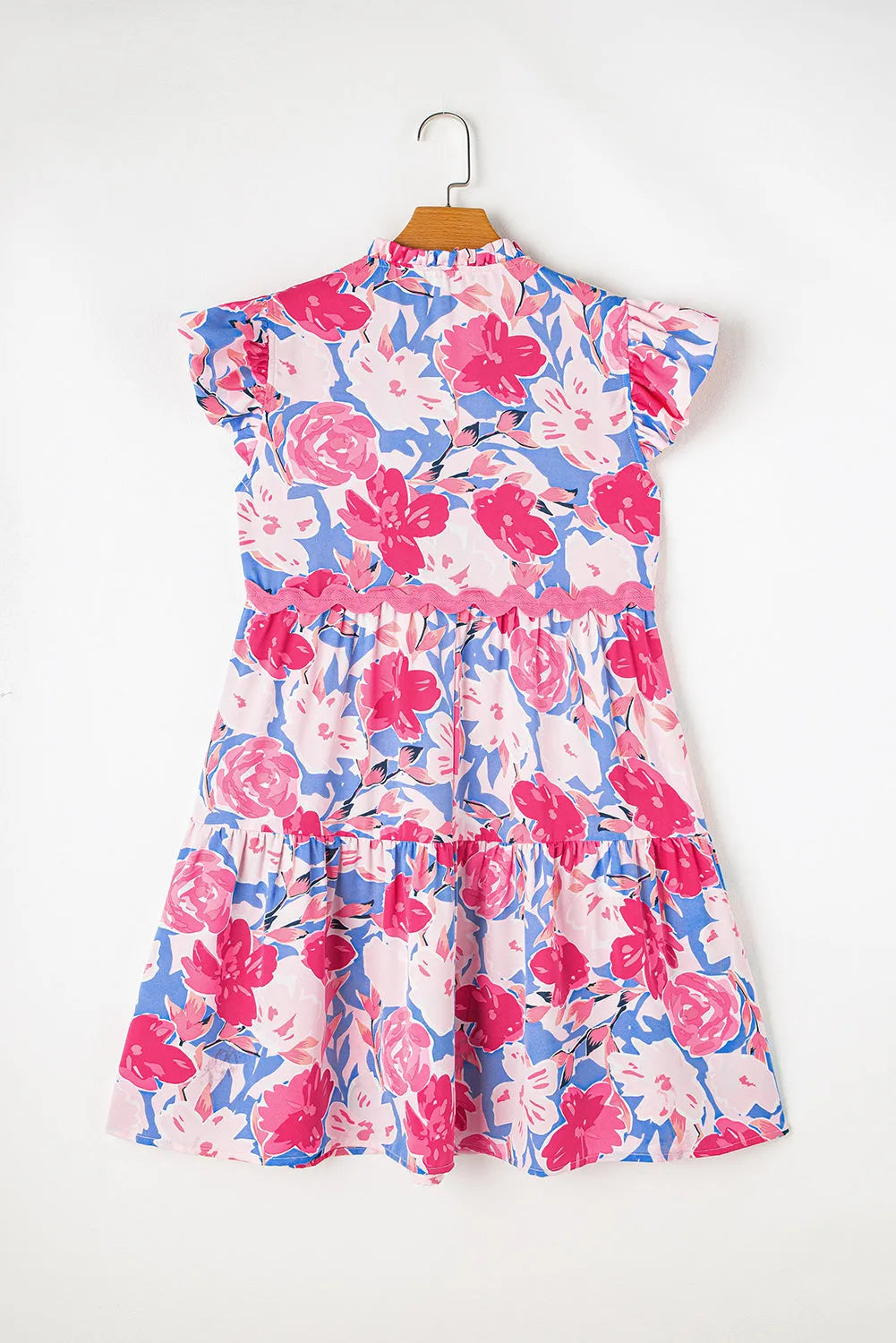 Pink Floral Printed V Notched Ric Rac Flutter Sleeve Dress - Chic Meadow Boutique 