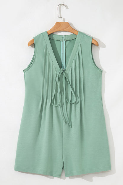 Smoke Green Tie V Neck Pintuck Sleeveless Loose Romper